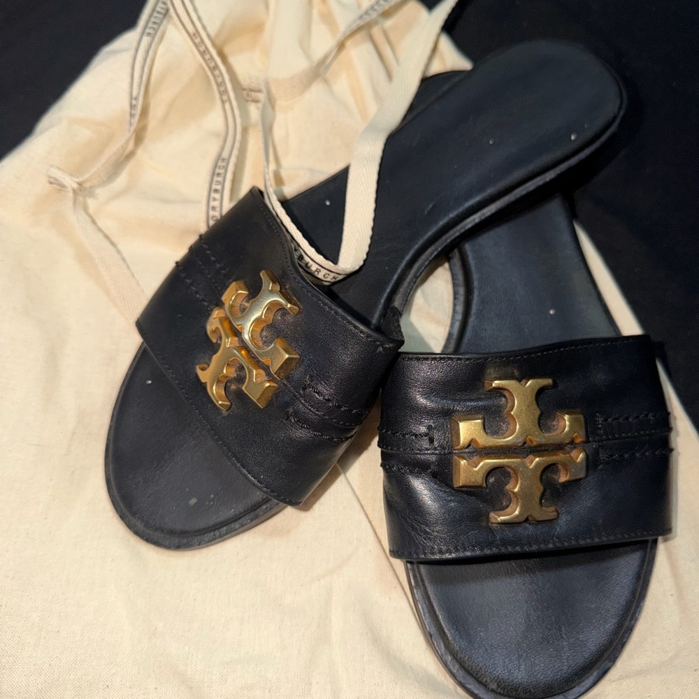Tory Burch Black and Gold Slide Sandals